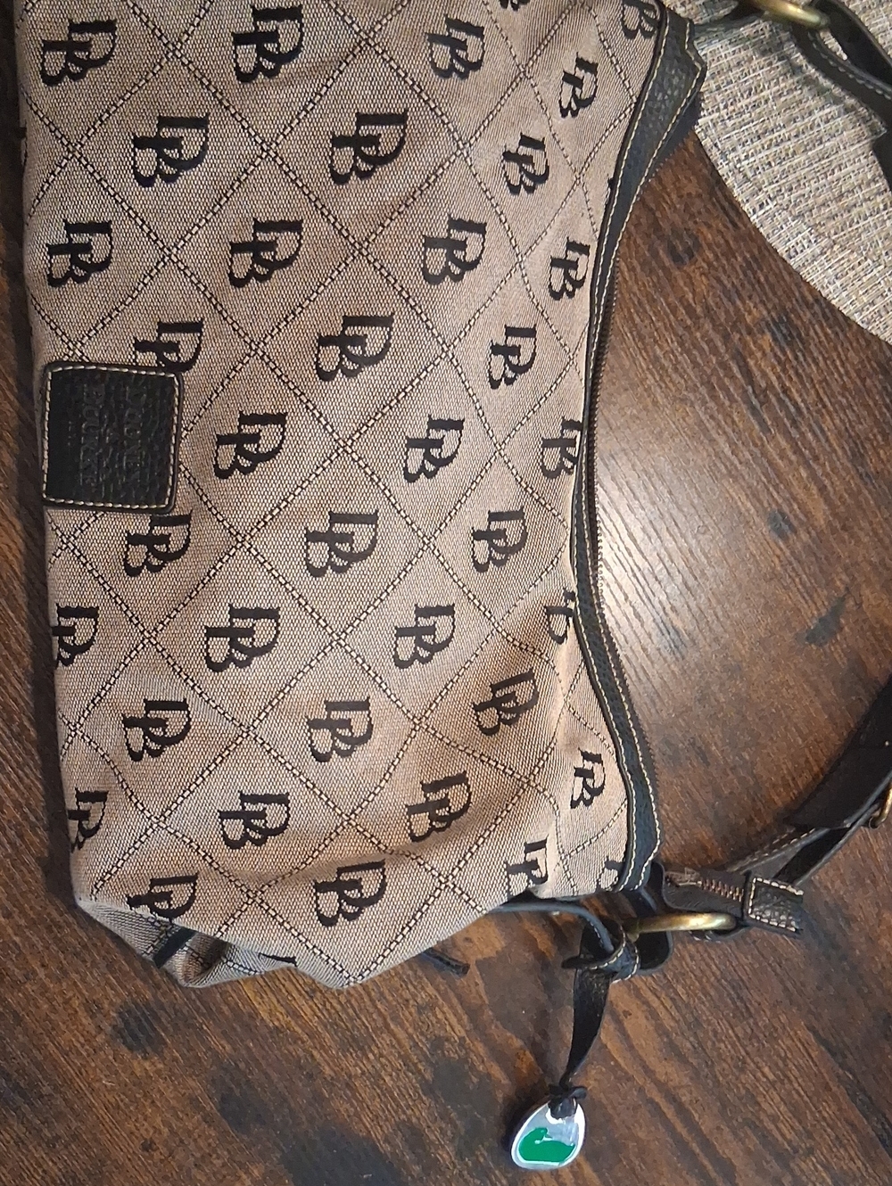 Dooney & Bourke Beige Monogram Shoulder Bag with Black Trim